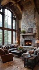 Cozy cabin living room with fireplace