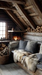 Cozy cabin with fireplace and wood stack