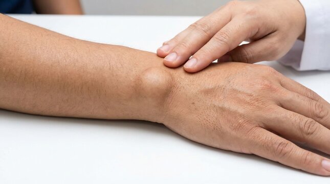 Medical Doctor Examining Ganglion Cyst on Patient Wrist
