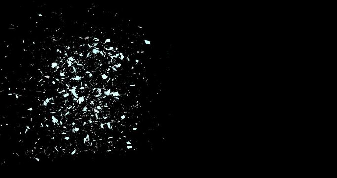 Flying cartoon shattered glass fragments in slow motion footage with alpha channel (ProRes, 4K only). 3D FX animation.
