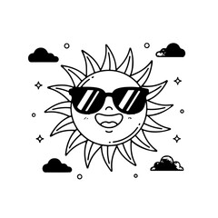 Cute sun wearing sunglasses vector illustration, kawaii summer character with clouds and stars, coloring book page for kids isolated on white background