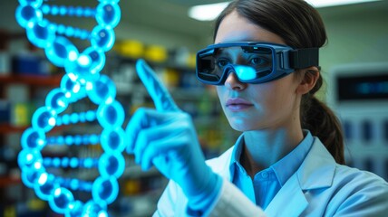A female scientist wearing futuristic AR glasses interacts with a glowing, holographic DNA double helix in a laboratory.