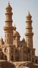 Sand castle with intricate architecture in desert