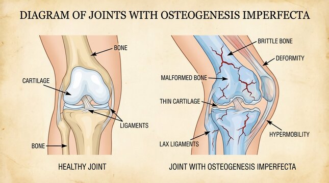 Medical Illustration Comparing Healthy Knee Joint and Osteogenesis Imperfecta