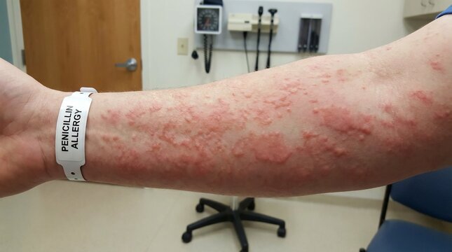 Severe Hives Rash on Arm with Penicillin Allergy Wristband