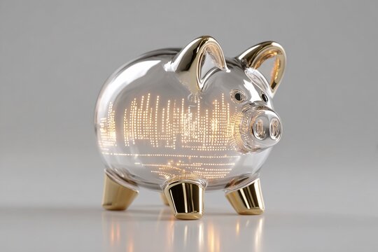 A 3D piggy bank made of transparent glass filled with glowing digital bits, surreal finance, clean background, copy space