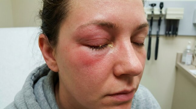Woman With Severely Swollen Red Eye In Medical Clinic