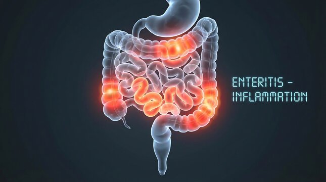 3D Illustration of Human Intestine Showing Enteritis Inflammation