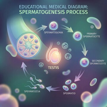 Educational medical illustration explaining the spermatogenesis process in the testis, showing stages from spermatogonia to spermatozoa for biology, anatomy, and reproductive health education.