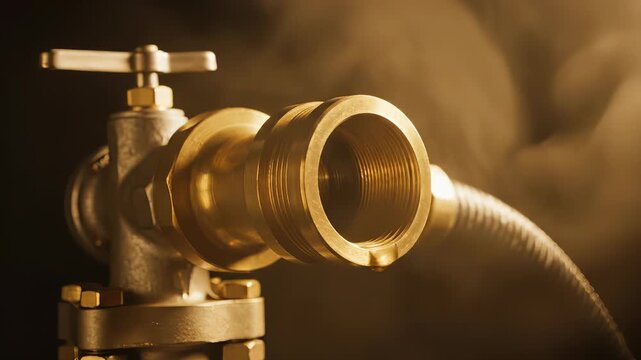 Close-up of a brass valve with steam and water droplets.