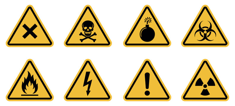 Danger and Warning Sign Symbol Vector Set Featuring Poison, Toxic, Biohazard, and Chemical Hazard Icons
