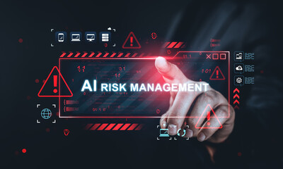 AI risk management concept with futuristic warning interface and hand pointing to digital alert screen on dark creative background.