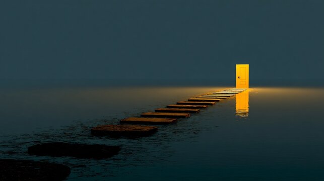 3D floating stairs made of bar charts leading to a glowing door, surreal achievement concept, copy space