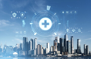 Futuristic healthcare technology concept over NYC Hudson Yards skyline with digital medical icons on a blue sky background.