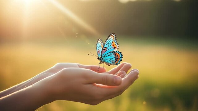 Serene human hand gently cradles vibrant blue butterfly with orange accents in a lush green field under warm sunlight