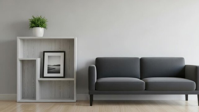 Interior scene of modern living room with sofa shelf and framed art