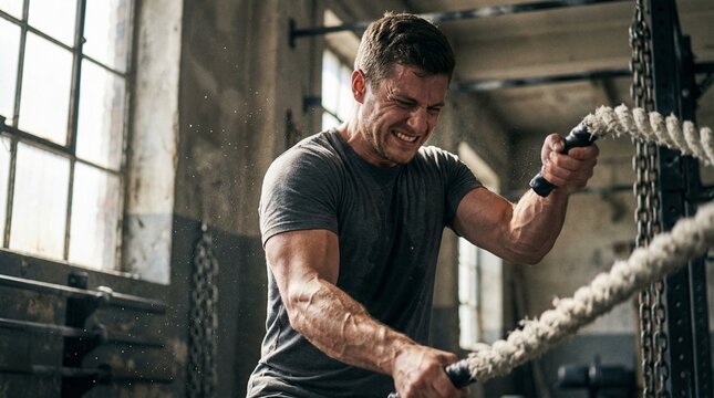 Intense Workout: A determined individual engages in a rigorous battle ropes exercise, capturing the essence of strength, dedication, and the relentless pursuit of fitness goals.