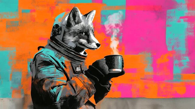 A fox in a bulky retro space suit holding a steaming coffee mug, multicolor stencil blocks, rough halftones, bright orange&ndash;pink&ndash;teal contrasts, distressed poster background, urban wall texture