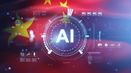 Futuristic AI technology interface with holographic elements over Chinese flag background representing innovation and digital transformation concept.