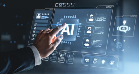 Human hand interacting with AI interface for digital information analysis and recruitment concept on futuristic screen background in blue tones.
