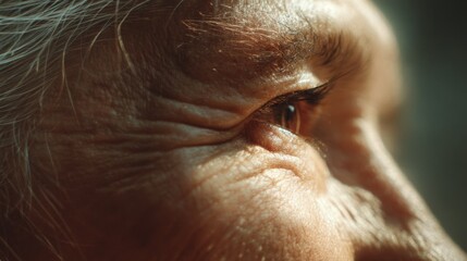 Fototapeta premium Close-Up Portrait of an Elderly Woman's Eye with Detailed Skin Texture and Expressive Wrinkles, Capturing Wisdom and Life Experience in Natural Light