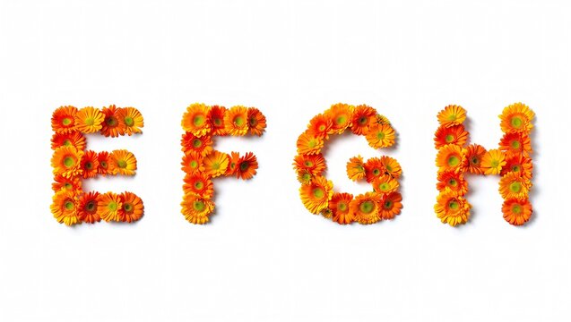 Letters efgh composed of vibrant orange gerbera daisy flowers against white background natural floral alphabet spelling out words elements