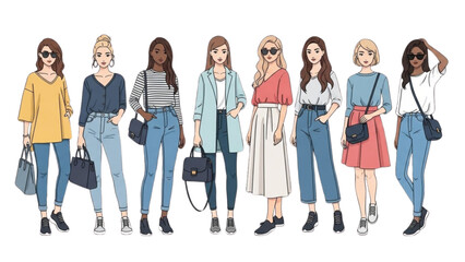 Fototapeta premium Diverse group of fashionable women standing together in stylish outfits and accessories