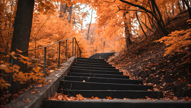 Wooden stairs ascending through golden autumn forest with warm sunlight and fallen leaves