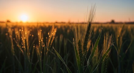 Fototapeta premium Golden Wheat Field at Sunrise with Dew Drops