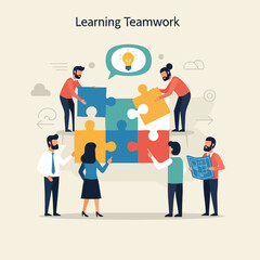 Flat Illustration People Assembling Jigsaw Puzzle Pieces with Lightbulb Idea Concept