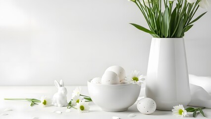 Fototapeta premium Easter eggs and spring florals in white vase and bowl on easter morning
