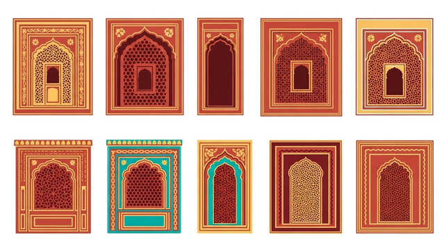 Set of Traditional Indian Mughal Style Window Frames and Jharokha Decorative Architectural Elements Isolated on White