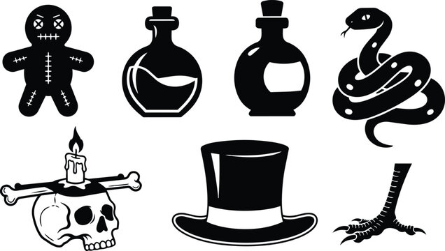 Tattoo flash spooky icon set close up top hat skull candle bone doll potion bottles coiled snake talon black silhouette vector art high contrast bold linework