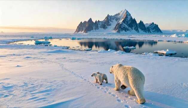 drone shot polar bear family arctic ice peaks perfect for international polar bear day