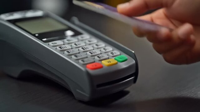 Customer paying with credit card contactless at payment terminal, close-up on transaction