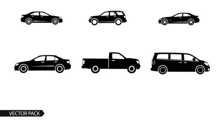 Collection of Black Vehicle Silhouettes on White Background.