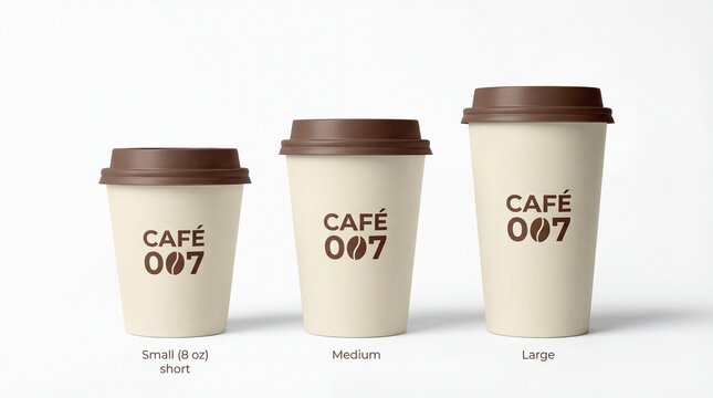 Three Sizes of Coffee Cups with Cafe 007 Logo.