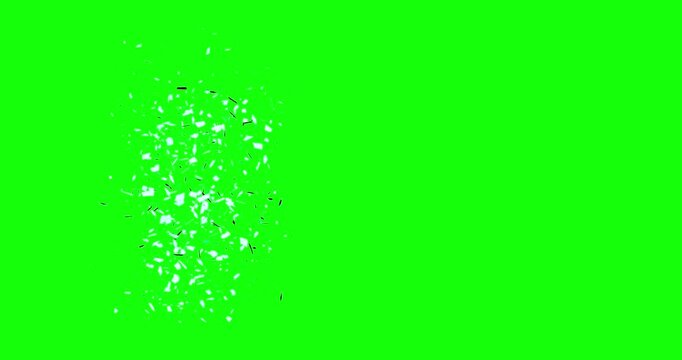 Flying cartoon shattered glass fragments in slow motion footage with green screen. 3D 4K FX animation.
