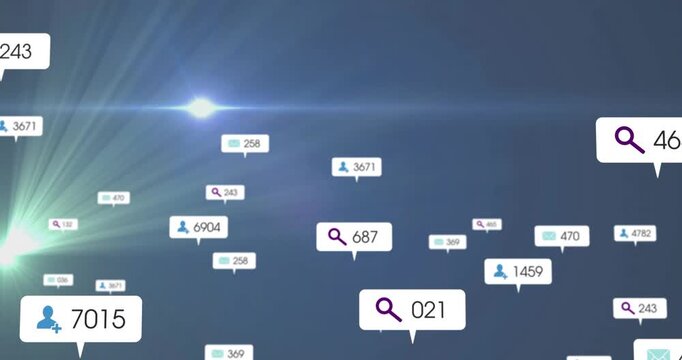 Search and user count icons animation over blue background with light flares