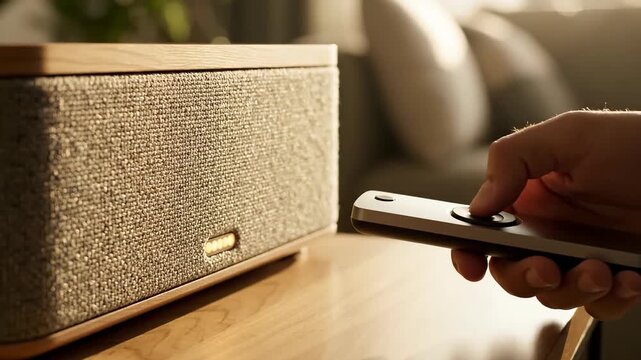 Close-up of a hand operating a remote control for a stylish speaker system at home