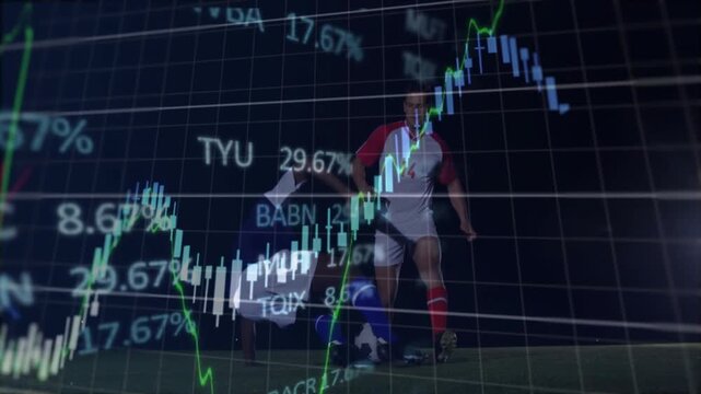 On field, rugby players with animation of financial data and stock market graph