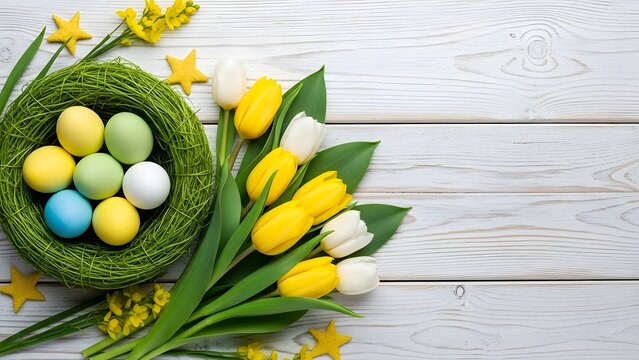 Easter eggs in a green nest with yellow tulips on white wooden background