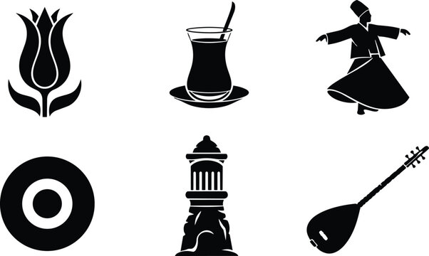 Flat design vector icons of turkish cultural symbols tulip tea glass whirling dervish nazar amulet minaret baglama arranged in simple black silhouette composition clean scalable set