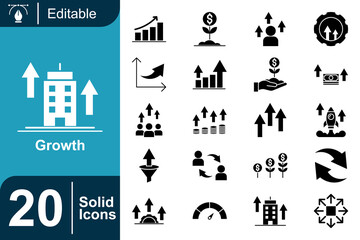 Set of 20 solid icons representing growth and development, including business, finance, and progress illustrations