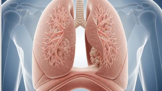 Detailed 3D illustration of human lungs and trachea visible inside a transparent torso from a front viewpoint
