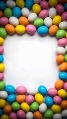Easter egg candy border frame with colorful jelly beans for spring holiday
