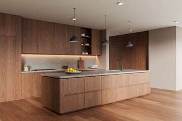 Fototapeta na wymiar Modern interior kitchen with wooden cabinetry, island countertop, minimalist lighting, and natural tones in a stylish architectural design. 3D Rendering