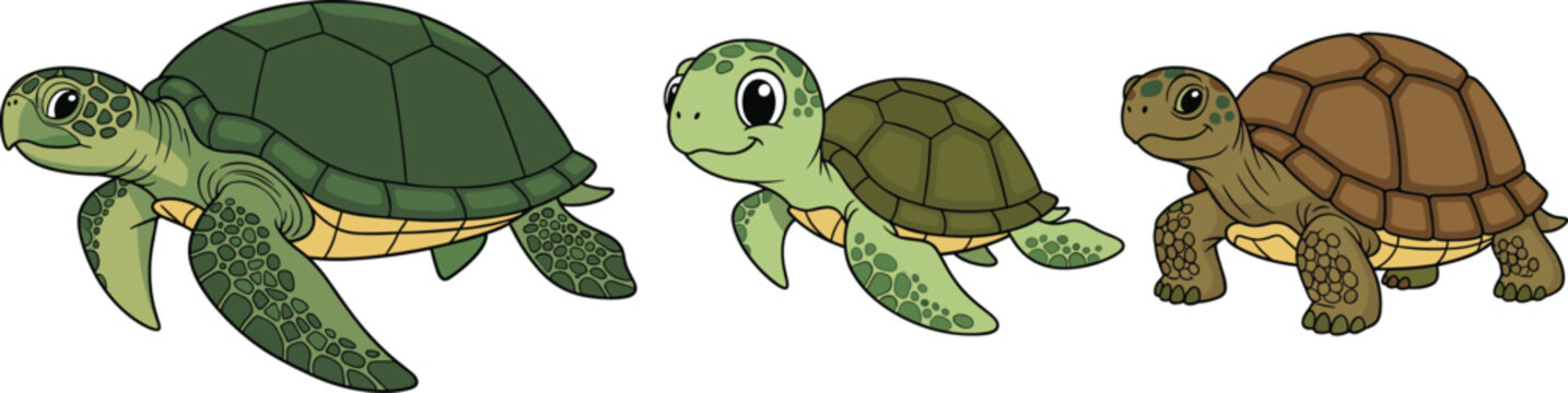 Cute turtle cartoon vector set. Adorable sea turtle and tortoise characters in different styles and poses. Flat animal illustration for kids, wildlife, and educational designs.