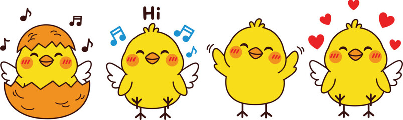 Cute baby chick cartoon character set. Funny yellow chicks with emotions, music, greetings, and love symbols. Kawaii bird illustrations for kids design, stickers, and emojis. © ALINA