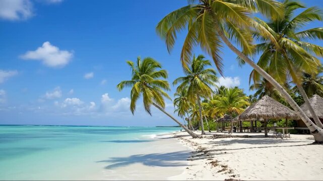 Tranquil tropical beachscape with swaying palm trees and pristine ocean waves